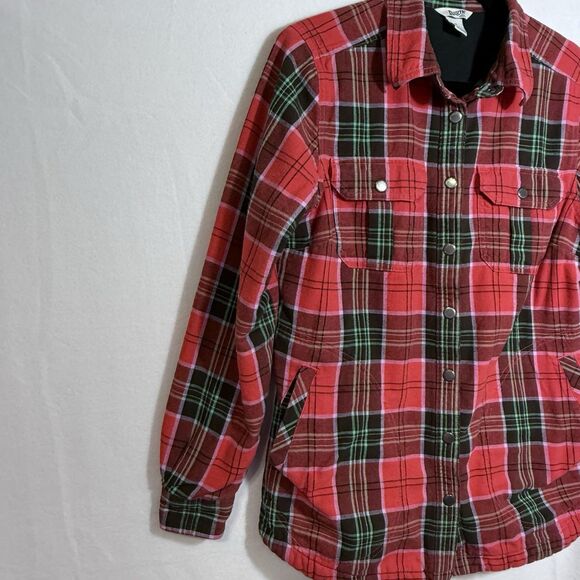 Duluth Free Swingin' Fleece Lined Neon Red Plaid Flannel Shirt Jacket Women's M - Picture 6 of 12